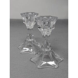 Set of 2 Vintage Clear Glass Candlestick Candle Holders Star Shaped Base 4" Tall